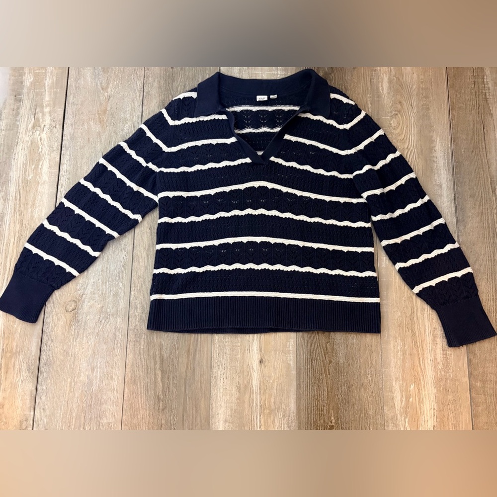 Women’s GAP Coastal Navy Stripe Crochet Knit Collared Sweater Open Knit Cotton L